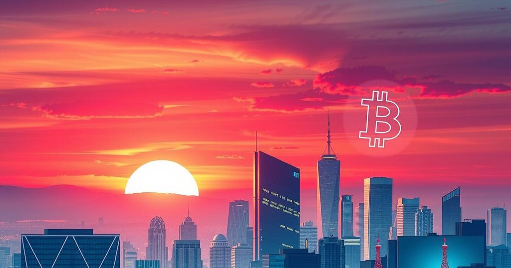 A digital illustration of a bitcoin symbol glowing above a city skyline representing growth in the cryptocurrency market.