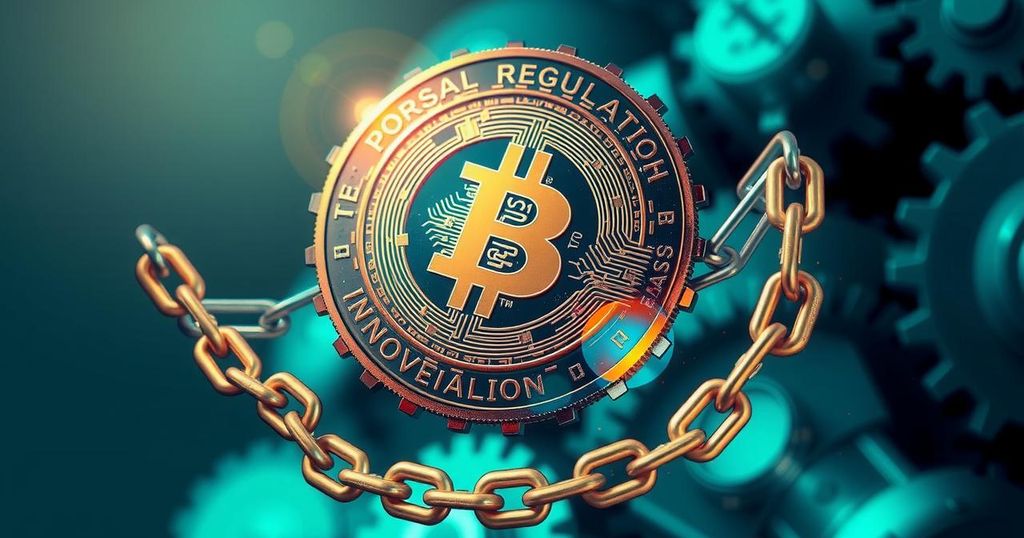 Crypto innovation symbolized by a digital coin surrounded by regulatory gears and broken chains, in vibrant colors.