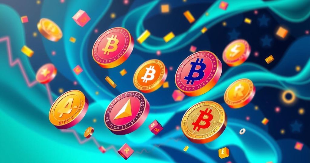 Colorful abstract representation of cryptocurrency market with vibrant coins symbolizing altcoins and ETFs in dynamic motion.