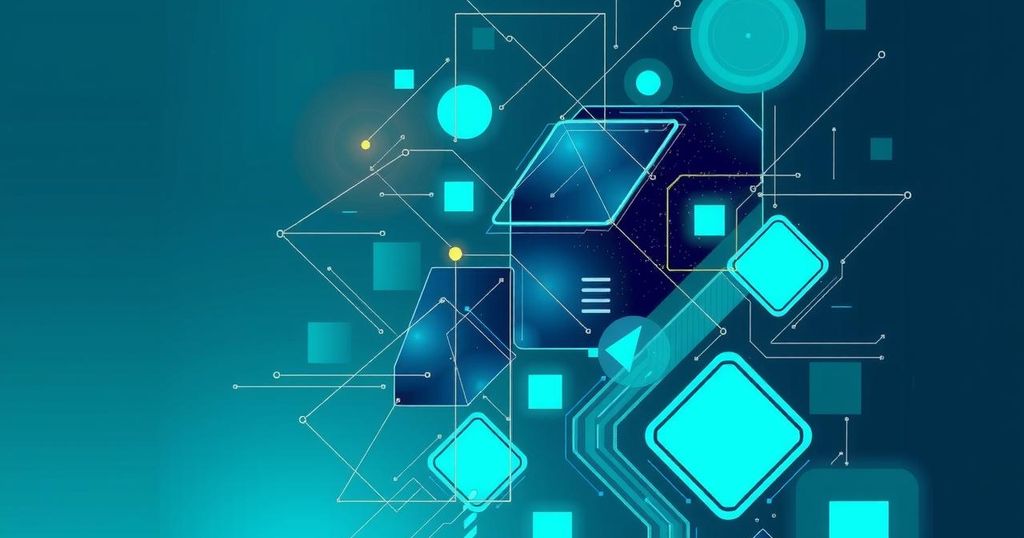 A digital concept representing AI advancements with abstract geometric shapes in a blue and green color scheme.