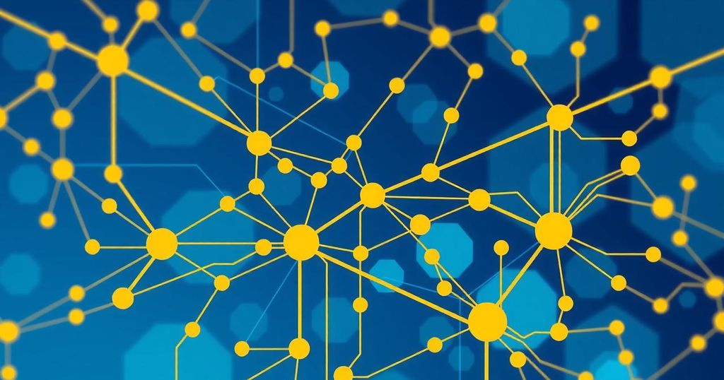 Abstract representation of technology and innovation with network lines and circuit patterns in blue and yellow hues.