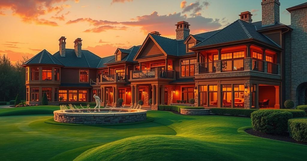 A golf club with luxurious architecture at sunset, surrounded by vibrant greenery and sparkling lights, symbolizing exclusivity.