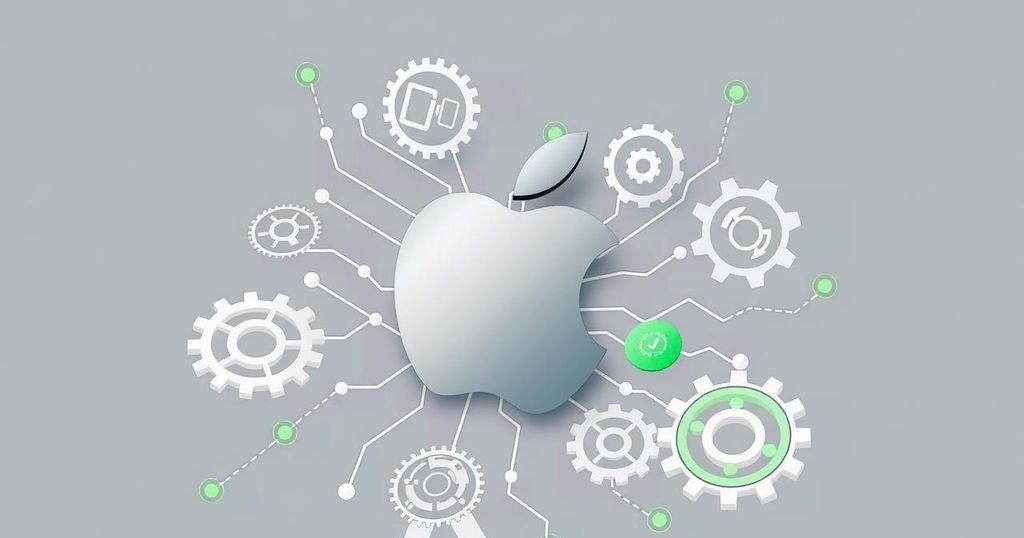 A minimalist digital illustration showing Apple's logo contrasted with emerging tech symbols emphasizing AI progression.