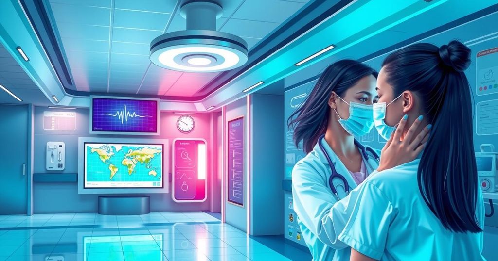 AI transforming healthcare in Costa Rica, depicting modern clinics with advanced technology and data analysis.