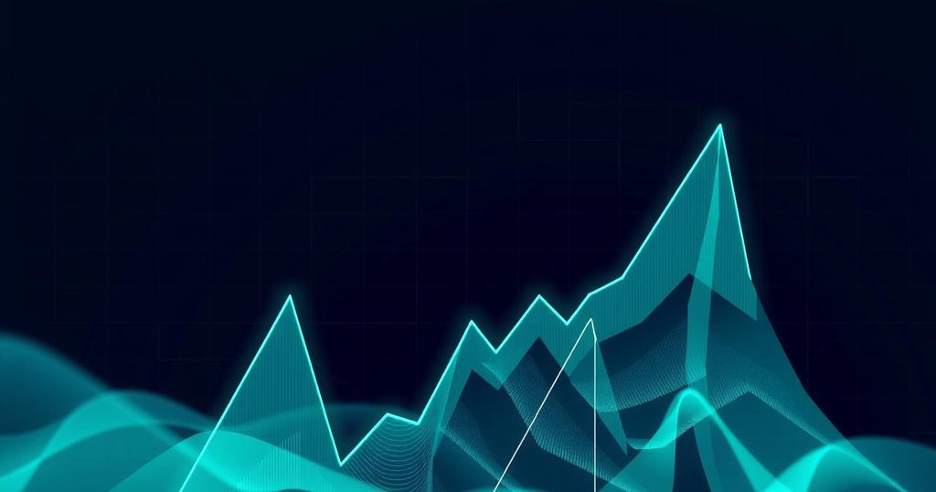 Abstract representation of cryptocurrency charts in dark blue and green colors, symbolizing financial trends and volatility.