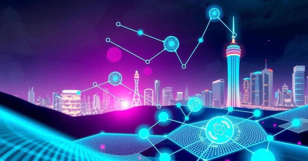 A vibrant, futuristic digital landscape illustrating the fusion of blockchain and AI technologies.