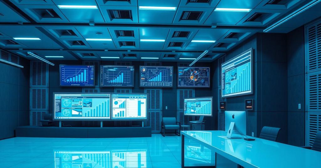 A tech-themed business meeting with modern devices, blueprints, and charts representing policy changes in telecom for 2024.