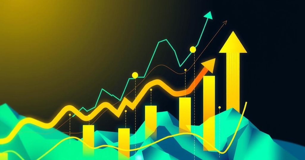 A digital representation of rising cryptocurrency trends with upward arrows, charts, and vibrant colors.