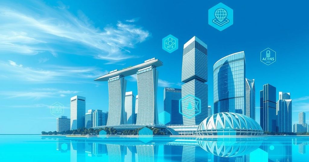 A vibrant cityscape of Singapore with modern architecture, tech symbols, and abstract geometric shapes representing innovation.