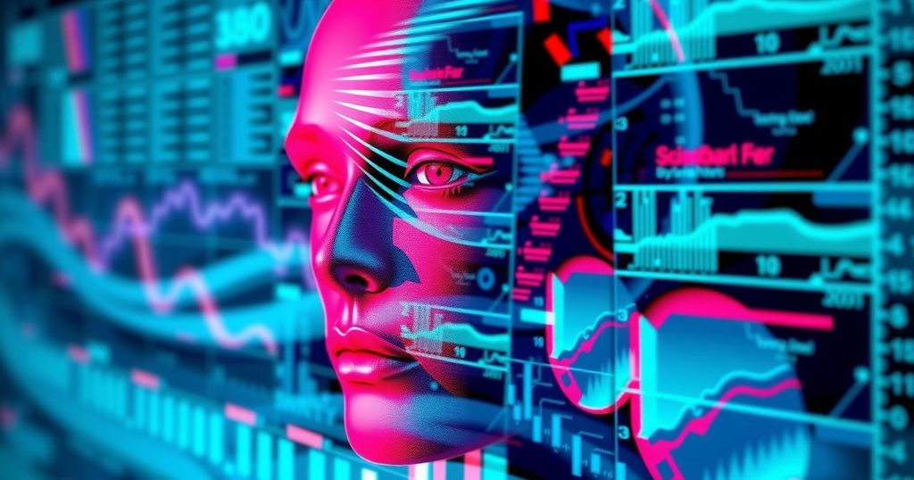 Abstract representation of AI chatbots oversimplifying science with distorted text and blurred graphs in bright colors.