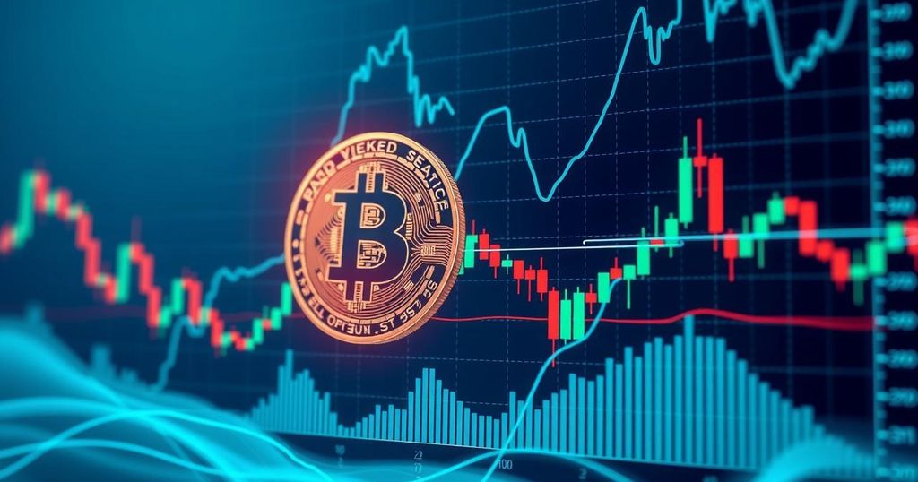 Bitcoin price movement analysis with graph lines and candlestick patterns in cool colors.