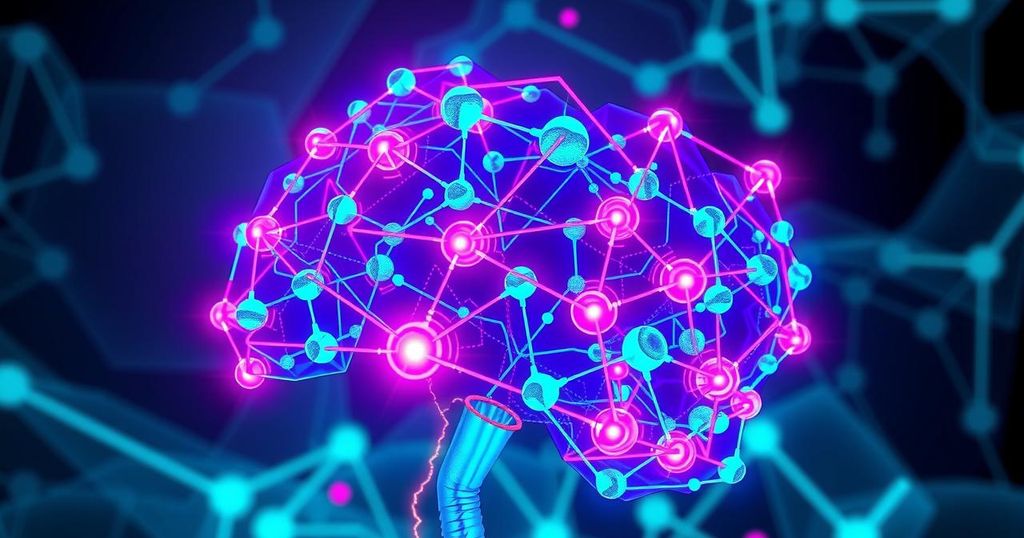 A vibrant three-dimensional neural network with glowing connections representing brain-like AI innovation.