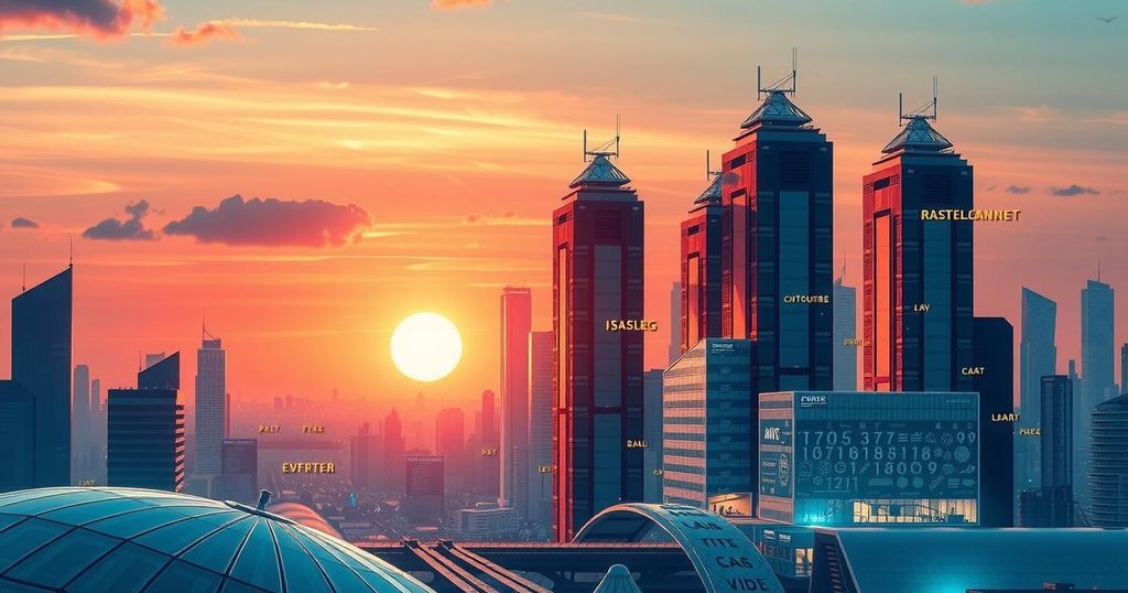 A vibrant city skyline at sunset with technology icons symbolizing startups and innovation in frontier tech.