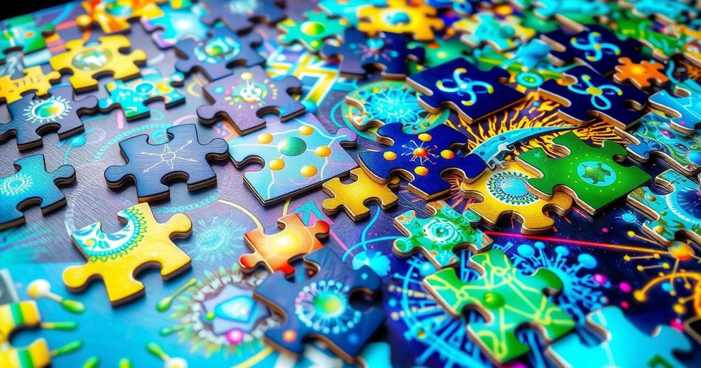 A colorful jigsaw puzzle featuring science themes and abstract symbols representing AI and autism research.