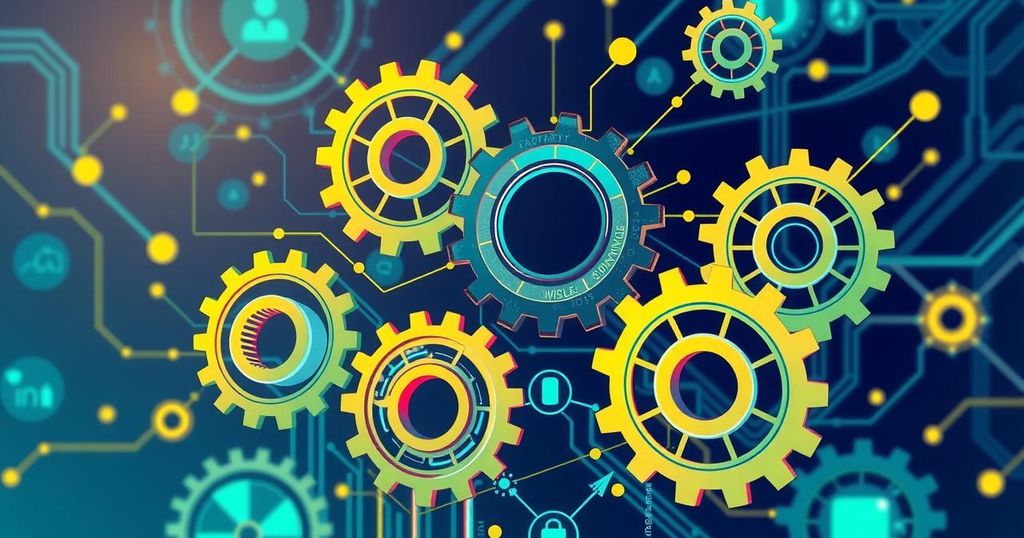 An abstract representation of AI evolution impacting job markets, with gears and digital elements in a modern, colorful style.