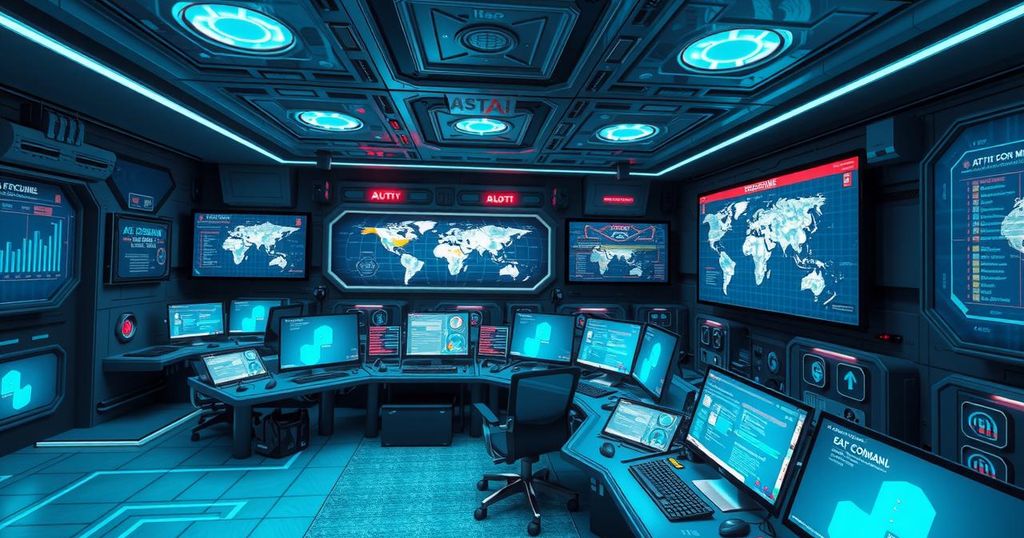 A military command center with AI technology, focusing on decision-making and strategy, in a digital art style.