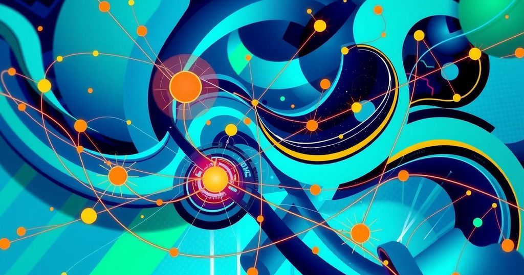 Abstract depiction of artificial intelligence transforming business operations with colorful, dynamic shapes.