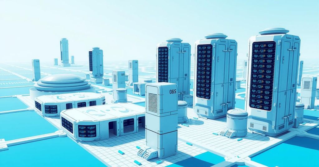 A vast data center in a city skyline, representing technological advancement in artificial intelligence.