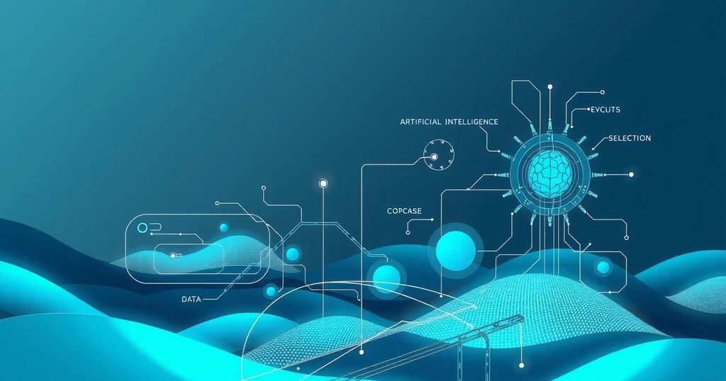 A digital representation of artificial intelligence with abstract elements, featuring futuristic designs in cool blue tones.