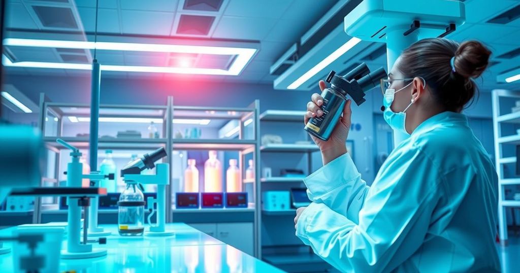 A scientific lab showcasing advanced vaccine research with vibrant colors and a modern style.