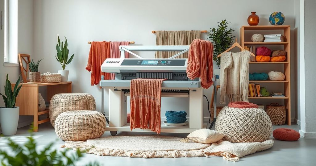 A futuristic knitting machine with eco-friendly yarns, showcasing innovation in textile design and production.