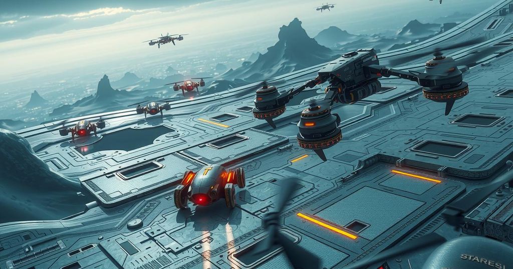 Depiction of advanced drones and robots in a high-tech battlefield environment, showcasing AI integration.