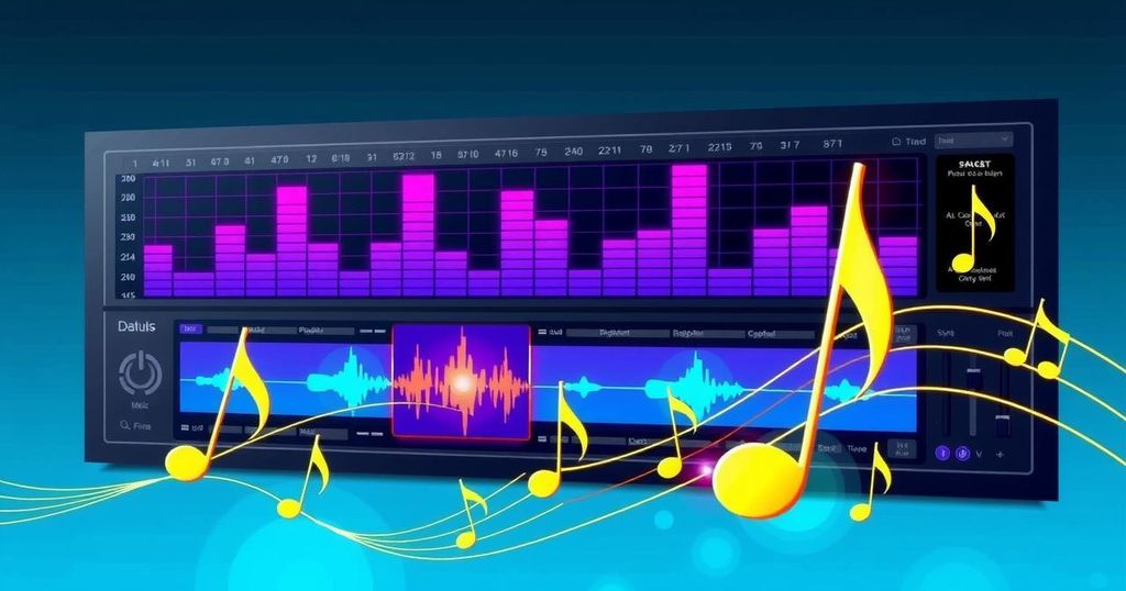 An AI-powered digital audio workstation showcasing musical elements with vibrant colors and geometric shapes.