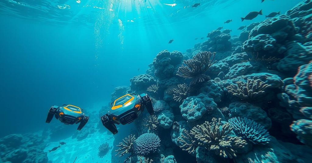 Vibrant underwater scene showcasing innovative marine technology, vivid blue tones, dynamic ocean energy.