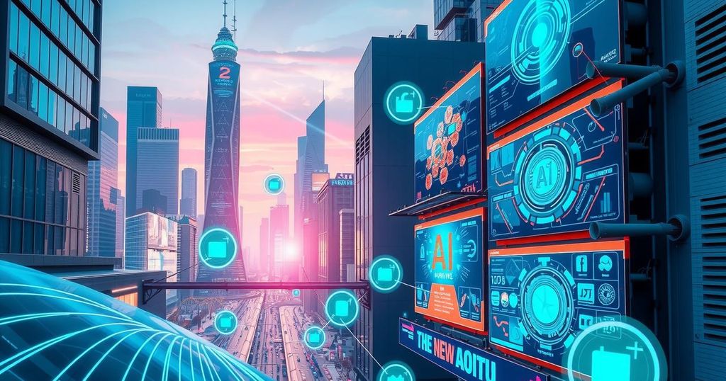 A futuristic landscape illustrating technological progress with AI elements, featuring modern architecture in a vibrant color scheme.