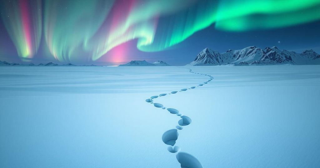A serene Arctic landscape with snow-covered tundra, Northern lights in the sky, and animal tracks in the snow.
