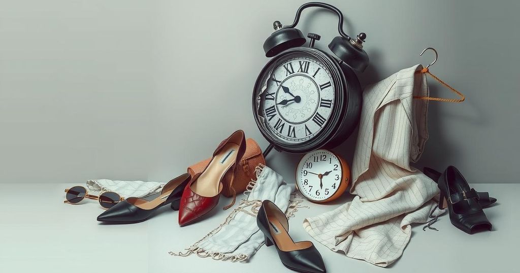 A representation of a startup's closure with a broken clock and fallen fashion items in a moody color palette.