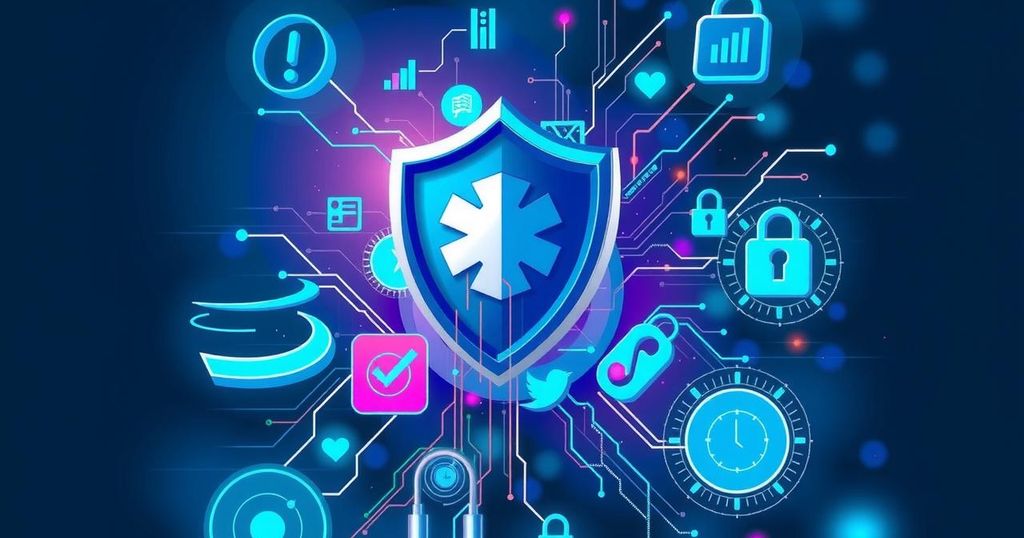 An abstract representation of online safety with a shield symbol amidst digital elements in a blue color scheme.