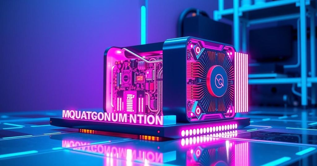 A sleek photonic quantum computer with luminous components set against a vibrant color gradient background.