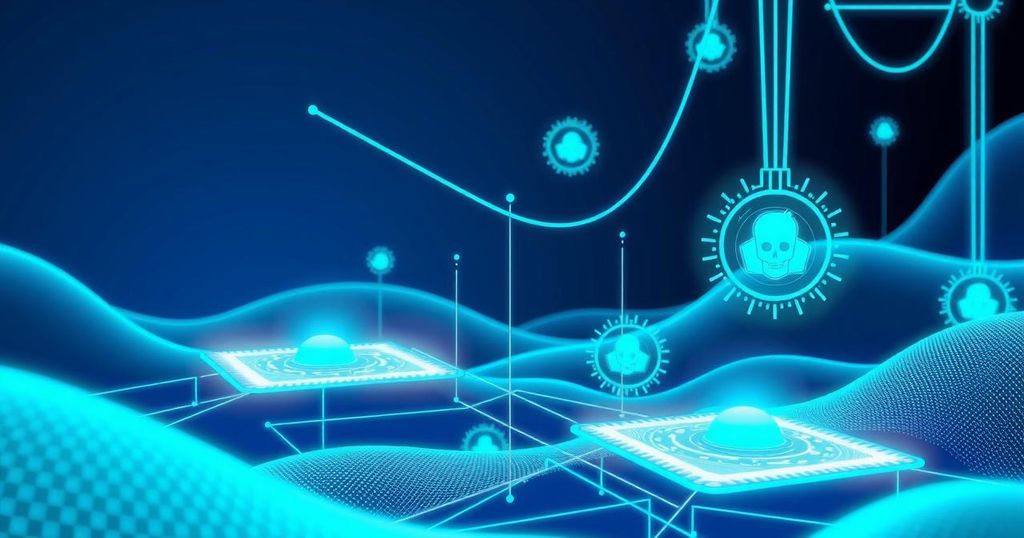 A digital landscape depicting the impact of AI on the internet, in vibrant color palette featuring blues and greens.