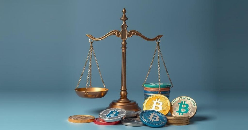 Visual representation of cryptocurrency trading regulations in Hungary with scales and digital coins in muted colors.