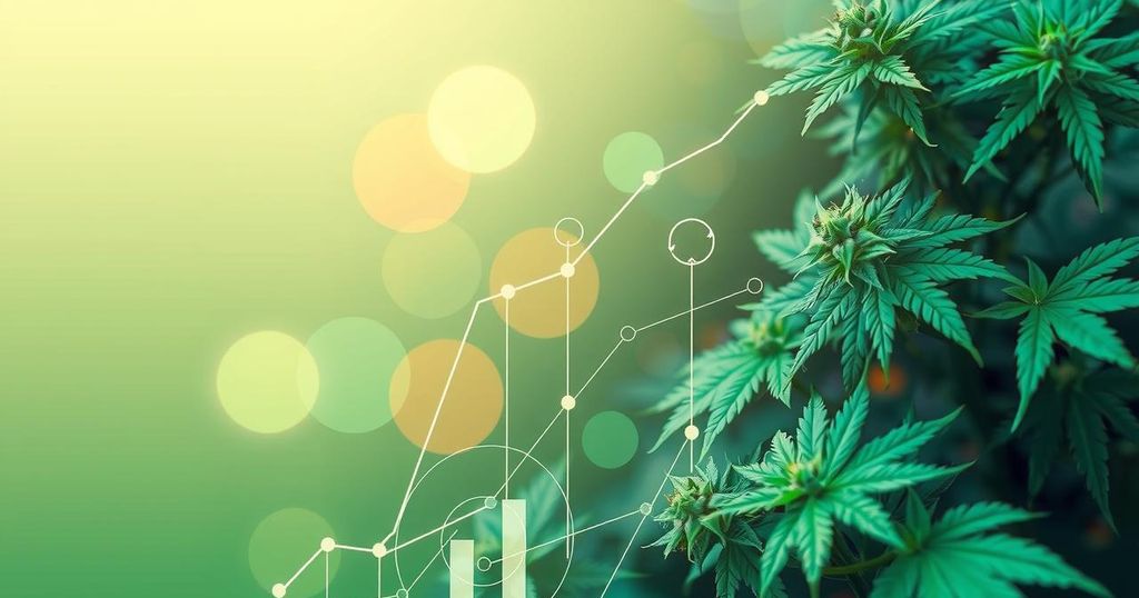 Abstract representation of cannabis technology growth with green hues and data analytics motifs.