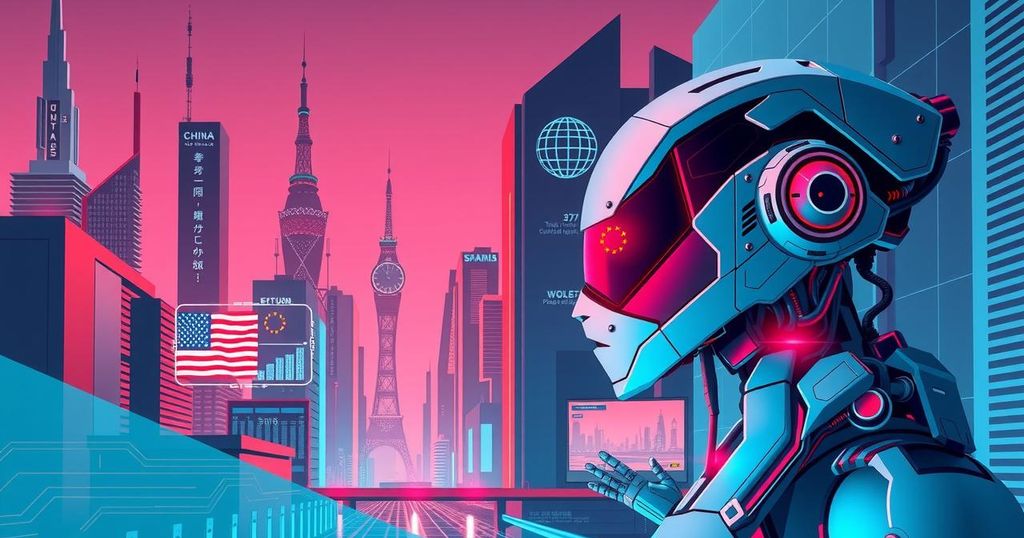 A symbolic representation of AI competition between China and America with technology motifs and contrasting colors.