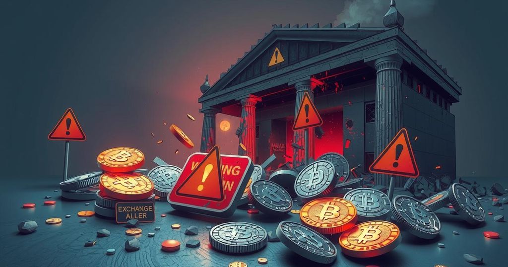 A digital illustration depicting a collapsing cryptocurrency exchange with broken coins and warning signs.