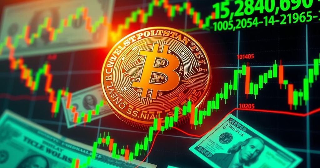 A collage of Bitcoin symbol, US dollar, and stock market graphs reflecting market volatility and political tensions.