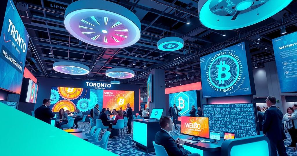Digital finance conference in Toronto with blockchain banners and vibrant colors representing innovation and tech.