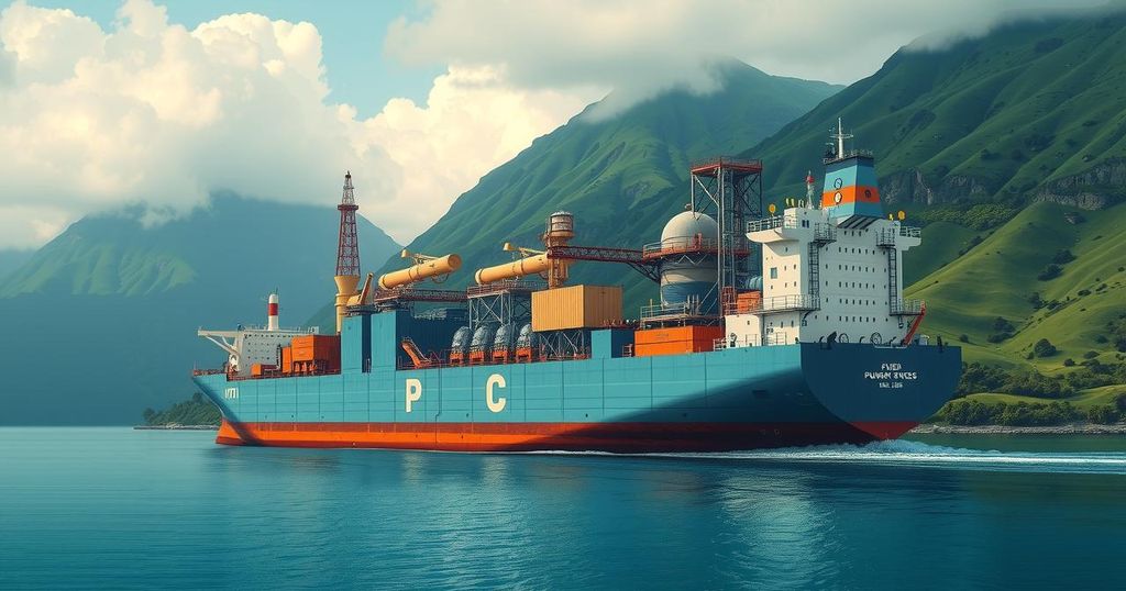 A power plant being transported by cargo ship for a data center expansion, featuring green landscapes and water.