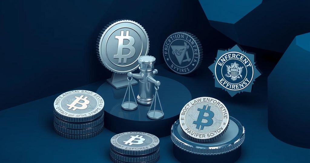 A cryptocurrency fraud prevention theme featuring abstract digital coins and law enforcement symbols in dark colors.