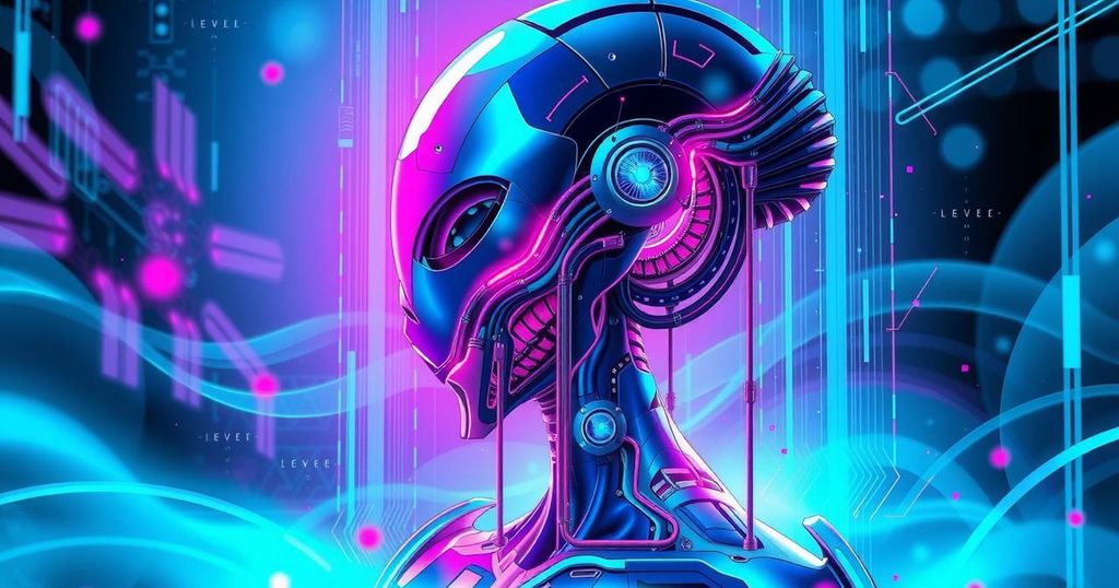 Futuristic AI concept with abstract representations of technology and an alien-like structure, in vibrant neon colors.