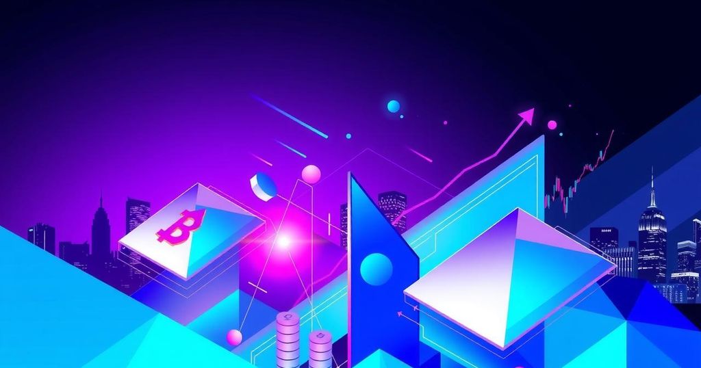 Colorful abstract representation of cryptocurrency and stock trading concept with city skyline background.