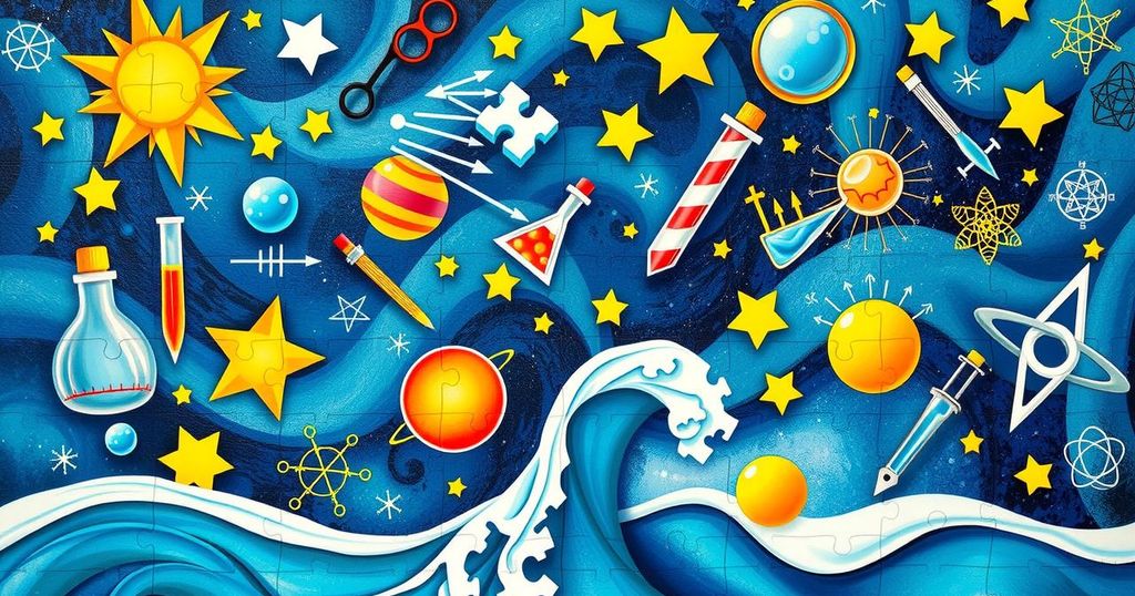 A colorful jigsaw puzzle depicting scientific concepts and discoveries with abstract designs.