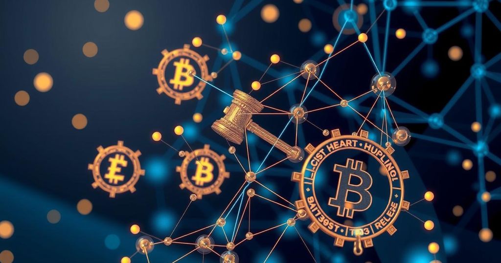An abstract representation of cryptocurrency regulations with blockchain motifs, dark blues and metallic golds.