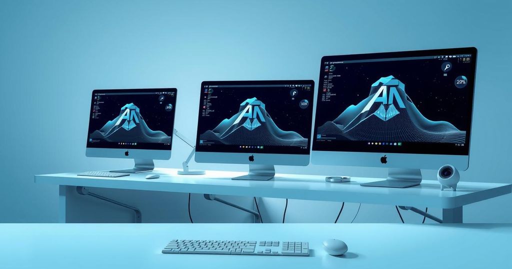 A futuristic workspace with AI tools, showcasing productivity and innovation in a tech-driven environment.