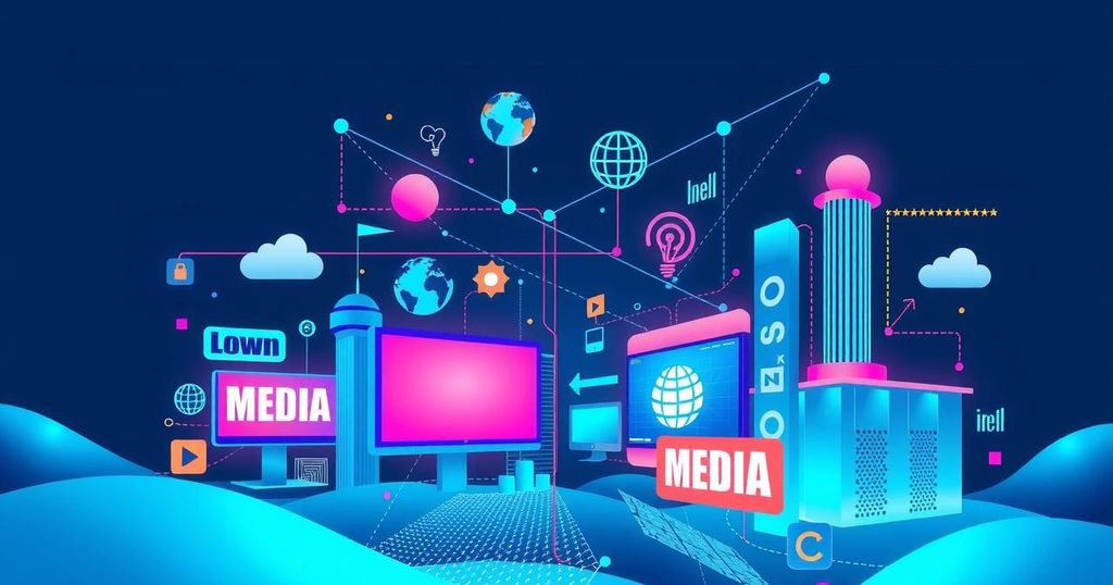 A digital landscape representing AI's impact on media, with abstract icons of media and technology in calming blue hues.