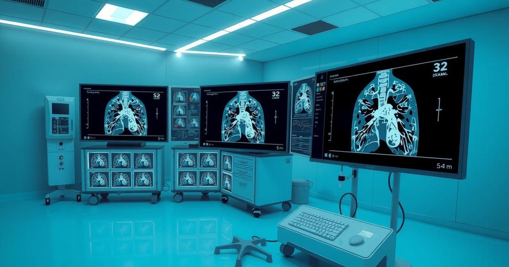 Abstract representation of artificial intelligence analyzing lung scans in a medical setting.