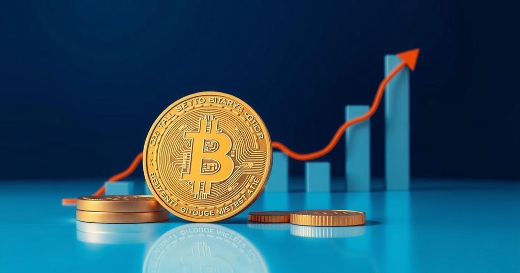 Golden Bitcoin near a rising graph on a blue background, symbolizing price increase and market trends.